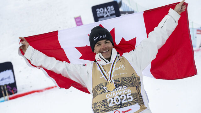 ENGADIN, SWITZERLAND - MARCH 21 Mikael Kingsbury of Team Canada wins the gold medal during the FIS Snowboard, Freestyle and Freeski World Championships Day 5 on March 21, 2025 in Engadin, Switzerland.