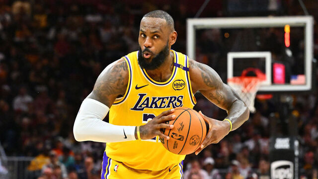 CLEVELAND, OHIO - OCTOBER 30: LeBron James #23 of the Los Angeles Lakers passes during the fourth quarter against the Cleveland Cavaliers at Rocket Mortgage Fieldhouse on October 30, 2024 in Cleveland, Ohio. The Cavaliers defeated the Lakers 134-110.