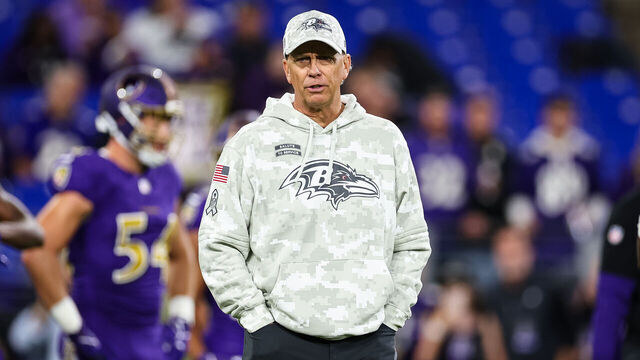 BALTIMORE, MD - NOVEMBER 07: Offensive coordinator Todd Monken of the Baltimore Raves looks on before the game against the Cincinnati Bengals at M&T Bank Stadium on November 7, 2024 in Baltimore, Maryland.