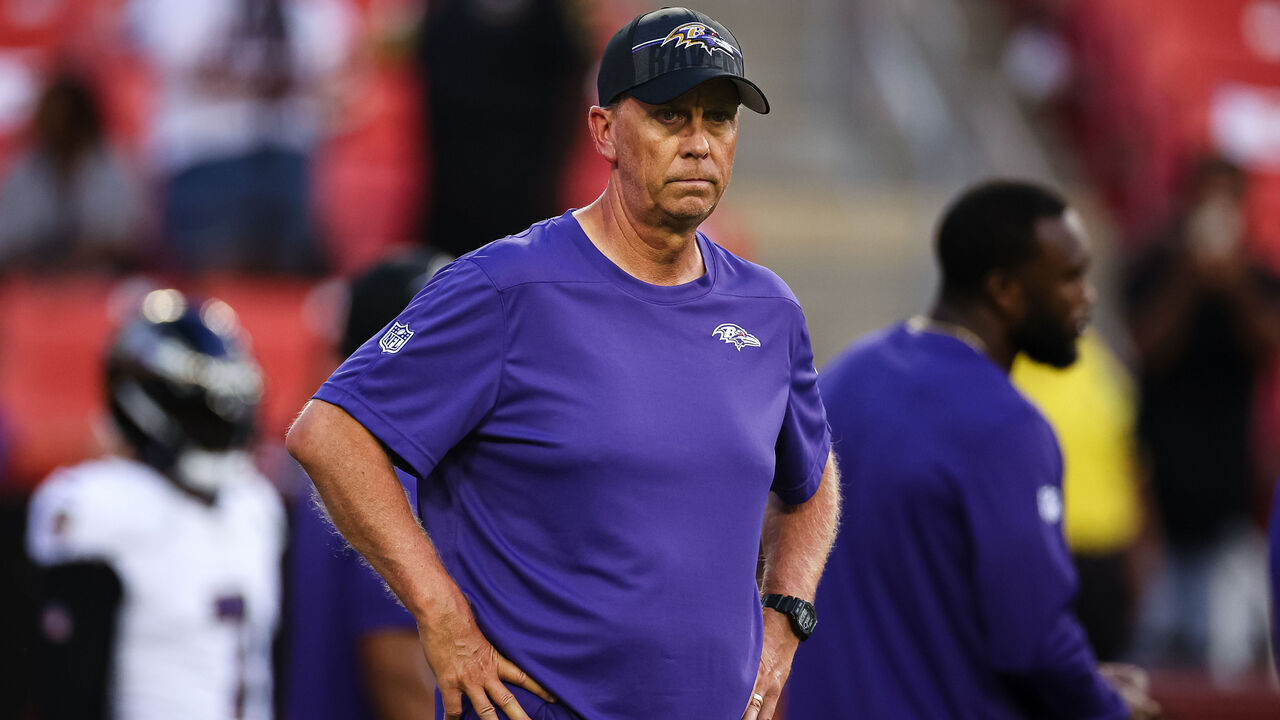 LANDOVER, MD - AUGUST 21: Offensive coordinator Todd Monken of the Baltimore Ravens looks on before the preseason game against the Washington Commanders at FedExField on August 21, 2023 in Landover, Maryland.
