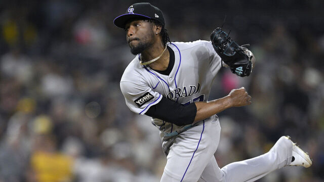 SAN DIEGO, CALIFORNIA - SEPTEMBER 13: Angel Chivilli #57 of the Colorado Rockies pitches against the San Diego Padres during the eighth inning at Petco Park on September 13, 2025 in San Diego, California.