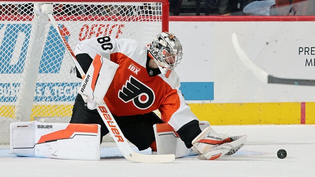 PHILADELPHIA, PENNSYLVANIA - JANUARY 06: Dan Vladar #80 of the Philadelphia Flyers reacts to a shot on goal by the Anaheim Ducks at the Xfinity Mobile Arena on January 6, 2026 in Philadelphia, Pennsylvania.