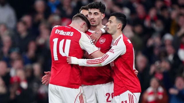 Arsenal's Kai Havertz (centre) celebrates with team-mates after scoring their side's second goal of the game during the UEFA Champions League, league phase match at the Emirates Stadium, London. Picture date: Wednesday January 28, 2026.