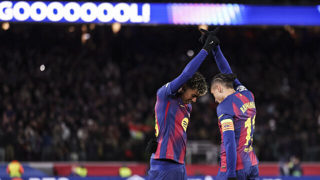 BARCELONA, SPAIN - JANUARY 28: Lamine Yamal of FC Barcelona celebrates after scoring his team's second goal with Raphinha during the UEFA Champions League 2025/26 League Phase MD8 match between FC Barcelona and F.C. Copenhagen at Spotify Camp Nou stadium on January 28, 2026 in Barcelona, Spain.