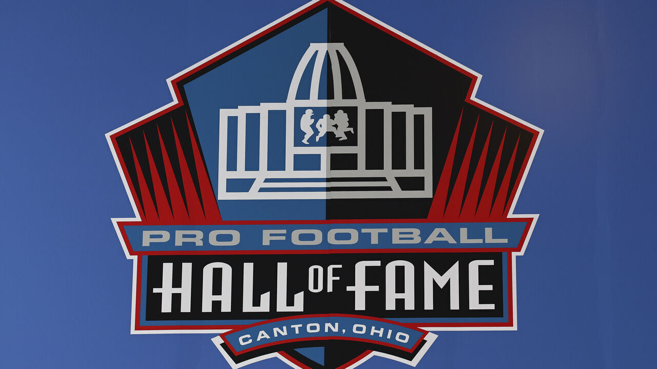 CANTON, OHIO - AUGUST 24: A detail of the Pro Football Hall of Fame logo on August 24, 2025 in Canton, Ohio.