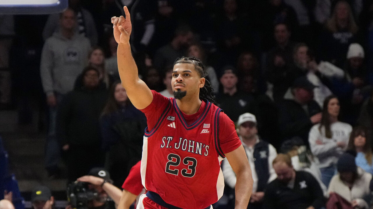 CINCINNATI, OHIO - JANUARY 24: Bryce Hopkins #23 of the St. John's Red Storm reacts following an NCAA basketball game against the Xavier Musketeers at Cintas Center on January 24, 2026 in Cincinnati, Ohio.