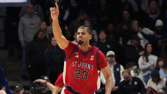 CINCINNATI, OHIO - JANUARY 24: Bryce Hopkins #23 of the St. John's Red Storm reacts following an NCAA basketball game against the Xavier Musketeers at Cintas Center on January 24, 2026 in Cincinnati, Ohio.