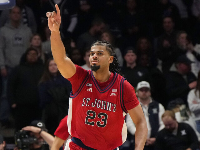 CINCINNATI, OHIO - JANUARY 24: Bryce Hopkins #23 of the St. John's Red Storm reacts following an NCAA basketball game against the Xavier Musketeers at Cintas Center on January 24, 2026 in Cincinnati, Ohio.