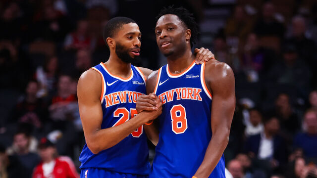 TORONTO, CANADA - JANUARY 28: Mikal Bridges #25 and OG Anunoby #8 of the New York Knicks celebrate during the second half of their NBA game against the Toronto Raptors at Scotiabank Arena on January 28, 2026 in Toronto, Ontario, Canada. (NOTE TO USER: User expressly acknowledges and agrees that, by downloading and/or using this Photograph, user is consenting to the terms and conditions of the Getty Images License Agreement