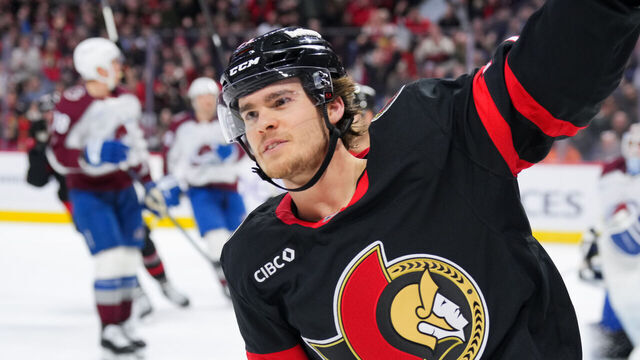 OTTAWA, Canada - JANUARY 28: Ridly Greig #71 of the Ottawa Senators celebrates his second period goal against the Colorado Avalanche at Canadian Tire Centre on January 28, 2026 in Ottawa, Ontario, Canada.