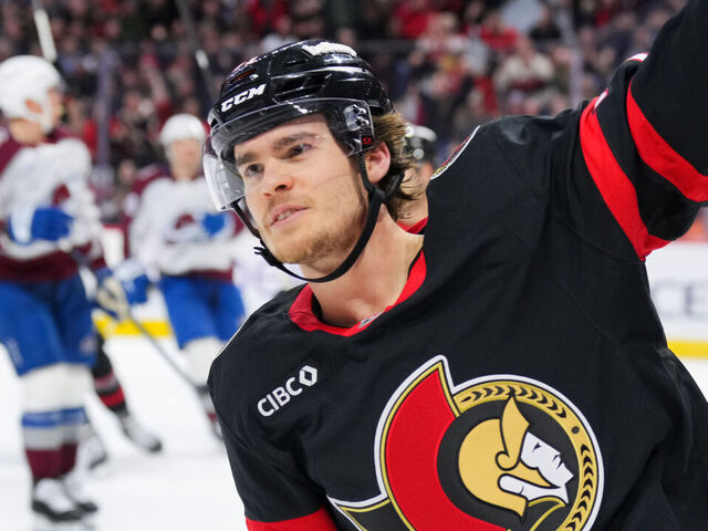 OTTAWA, Canada - JANUARY 28: Ridly Greig #71 of the Ottawa Senators celebrates his second period goal against the Colorado Avalanche at Canadian Tire Centre on January 28, 2026 in Ottawa, Ontario, Canada.