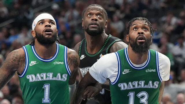 DALLAS, TX - JANUARY 28: Jaden Hardy #1 and Naji Marshall #13 of the Dallas Mavericks play defense against Julius Randle #30 of the Minnesota Timberwolves during the game on January 28, 2026 at American Airlines Center in Dallas, Texas. Mandatory Copyright Notice: Copyright 2026 NBAE