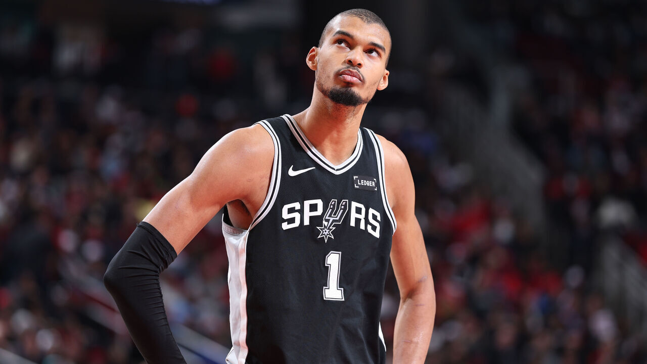 HOUSTON, TX - JANUARY 28: Victor Wembanyama #1 of the San Antonio Spurs looks on during the game against the Houston Rockets on January 28, 2026 at the Toyota Center in Houston, Texas. Mandatory Copyright Notice: Copyright 2026 NBAE