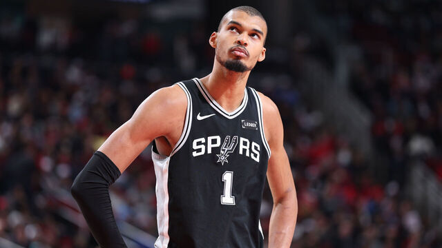 HOUSTON, TX - JANUARY 28: Victor Wembanyama #1 of the San Antonio Spurs looks on during the game against the Houston Rockets on January 28, 2026 at the Toyota Center in Houston, Texas. Mandatory Copyright Notice: Copyright 2026 NBAE