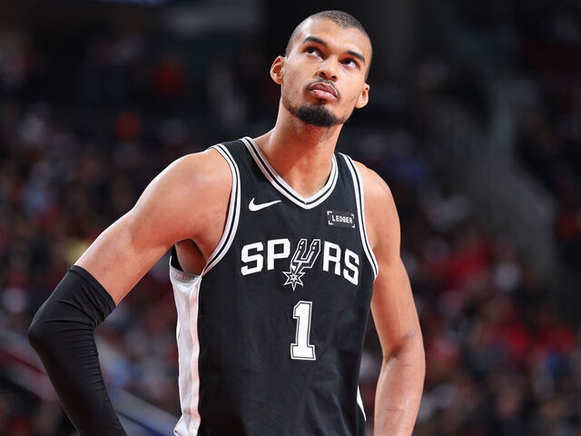 HOUSTON, TX - JANUARY 28: Victor Wembanyama #1 of the San Antonio Spurs looks on during the game against the Houston Rockets on January 28, 2026 at the Toyota Center in Houston, Texas. Mandatory Copyright Notice: Copyright 2026 NBAE