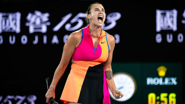MELBOURNE, AUSTRALIA - JANUARY 29: Aryna Sabalenka in action against Elina Svitolina of Ukraine in the semi-final on Day 12 of the 2026 Australian Open at Melbourne Park on January 29, 2026 in Melbourne, Australia