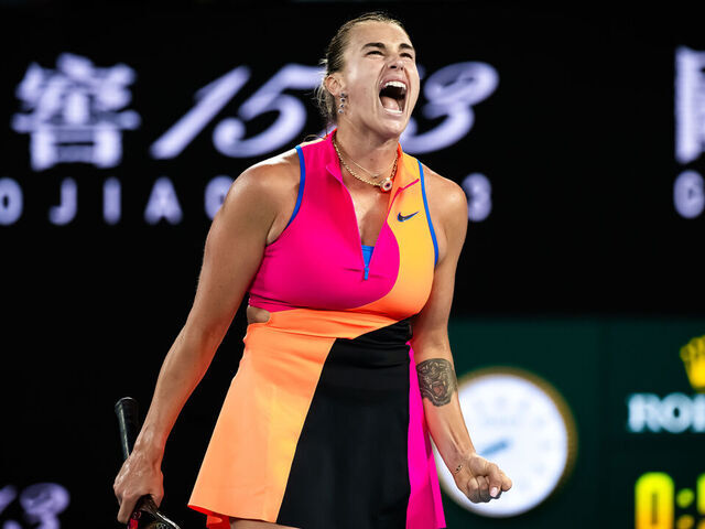 MELBOURNE, AUSTRALIA - JANUARY 29: Aryna Sabalenka in action against Elina Svitolina of Ukraine in the semi-final on Day 12 of the 2026 Australian Open at Melbourne Park on January 29, 2026 in Melbourne, Australia