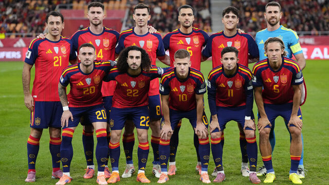 Spain line up (L-R) Mikel Oyarzabal, Aymeric Laporte, Fabian Ruiz, Mikel Merino, Pau Cubarsi, Unai Simon, Aleix Garcia, Marc Cucurella, Dani Olmo, Yeremy Pino, Marcos Llorente during the FIFA World Cup 2026 qualifier match between Spain and Türkiye at Estadio de La Cartuja on November 18, 2025 in Seville, Spain.
