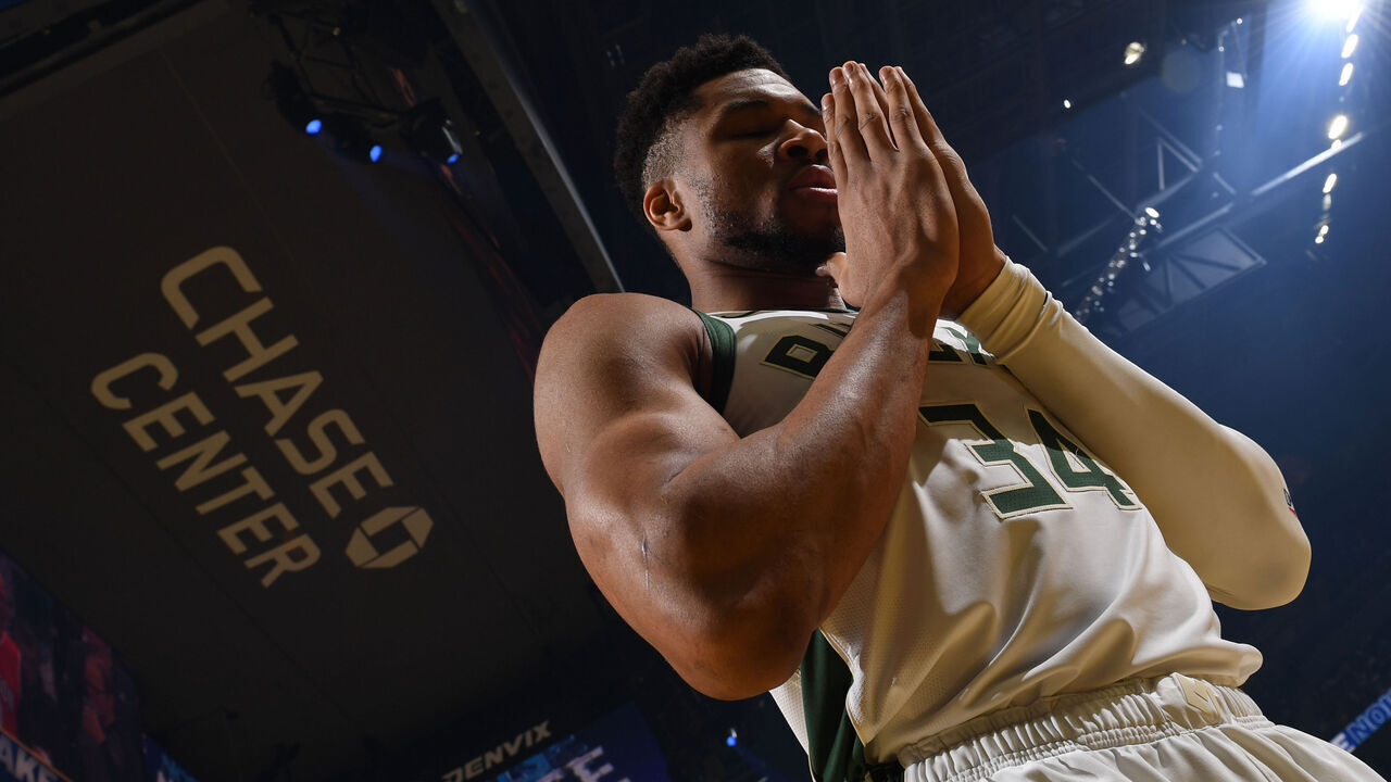SAN FRANCISCO, CA - JANUARY 7: Giannis Antetokounmpo #34 of the Milwaukee Bucks looks on before the game against the Golden State Warriors on January 7, 2026 at Chase Center in San Francisco, California. NOTE TO USER: User expressly acknowledges and agrees that, by downloading and or using this photograph, user is consenting to the terms and conditions of Getty Images License Agreement. Mandatory Copyright Notice: Copyright 2025 NBAE