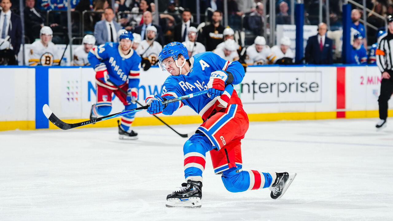 NEW YORK, NEW YORK - JANUARY 26: Artemi Panarin #10 of the New York Rangers shoots the puck against the Boston Bruins at Madison Square Garden on January 26, 2026 in New York City.