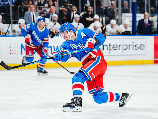 NEW YORK, NEW YORK - JANUARY 26: Artemi Panarin #10 of the New York Rangers shoots the puck against the Boston Bruins at Madison Square Garden on January 26, 2026 in New York City.