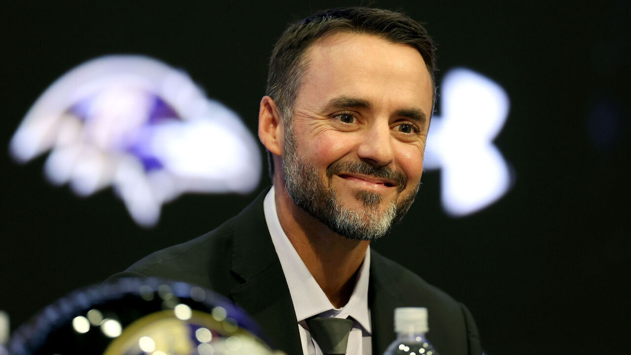 OWINGS MILLS, MARYLAND - JANUARY 29: New Baltimore Ravens head coach Jesse Minter is introduced during a news conference at Under Armour Performance Center Baltimore Ravens on January 29, 2026 in Owings Mills, Maryland.