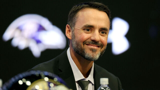 OWINGS MILLS, MARYLAND - JANUARY 29: New Baltimore Ravens head coach Jesse Minter is introduced during a news conference at Under Armour Performance Center Baltimore Ravens on January 29, 2026 in Owings Mills, Maryland.