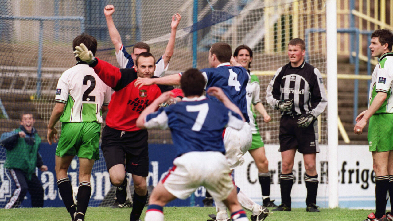 Carlisle United's goalkeeper Jimmy Glass (red) celebrates his winning goal keeping Carlisle United in the league