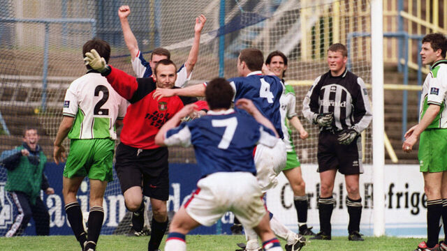 Carlisle United's goalkeeper Jimmy Glass (red) celebrates his winning goal keeping Carlisle United in the league