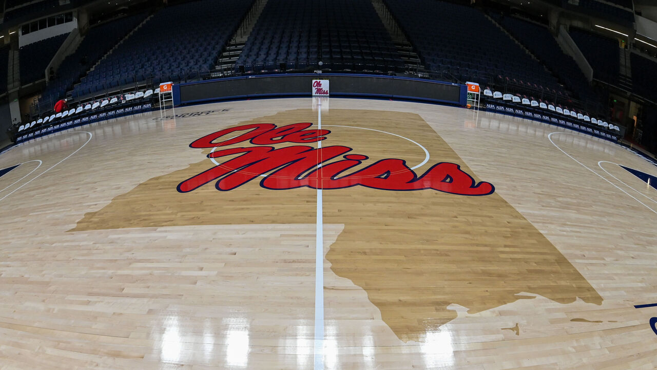 OXFORD, MS - JANUARY 15: A general view of the Ole' Miss logo on the floor of the SJB coliseum before the start of the college basketball game between the Auburn Tigers and the Ole' Miss Rebels on January 15, 2022, at SJB Coliseum in Oxford, MS.