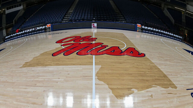 OXFORD, MS - JANUARY 15: A general view of the Ole' Miss logo on the floor of the SJB coliseum before the start of the college basketball game between the Auburn Tigers and the Ole' Miss Rebels on January 15, 2022, at SJB Coliseum in Oxford, MS.