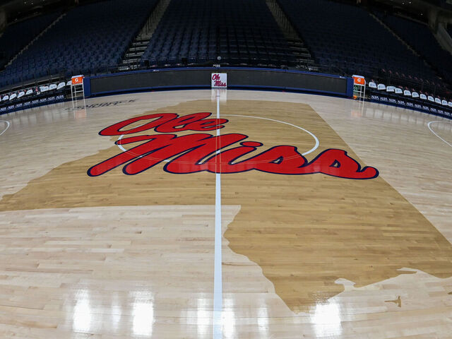 OXFORD, MS - JANUARY 15: A general view of the Ole' Miss logo on the floor of the SJB coliseum before the start of the college basketball game between the Auburn Tigers and the Ole' Miss Rebels on January 15, 2022, at SJB Coliseum in Oxford, MS.