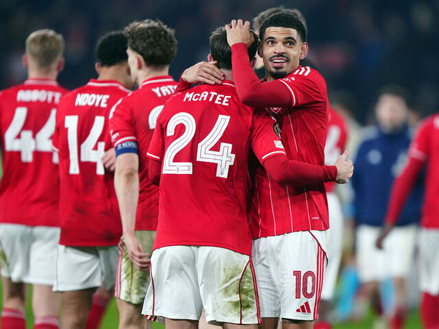 Nottingham Forest's Morgan Gibbs-White and James McAtee following the UEFA Europa League match at the City Ground, Nottingham. Picture date: Thursday January 29, 2026.