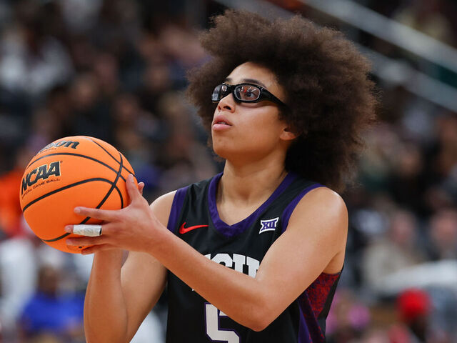 NEWARK, NEW JERSEY - JANUARY 19: Olivia Miles #5 of the Texas Christian University Horned Frogs shoots a free throw against the Ohio State Buckeyes during the second half of the Coretta Scott King Classic at Prudential Center on January 19, 2026 in Newark, New Jersey.