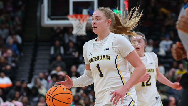 NEWARK, NEW JERSEY - JANUARY 19: Olivia Olson #1 of the Michigan Wolverines dribbles the ball against the Vanderbilt Commodores during the second half of the Coretta Scott King Classic at Prudential Center on January 19, 2026 in Newark, New Jersey.