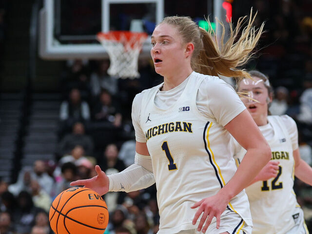 NEWARK, NEW JERSEY - JANUARY 19: Olivia Olson #1 of the Michigan Wolverines dribbles the ball against the Vanderbilt Commodores during the second half of the Coretta Scott King Classic at Prudential Center on January 19, 2026 in Newark, New Jersey.