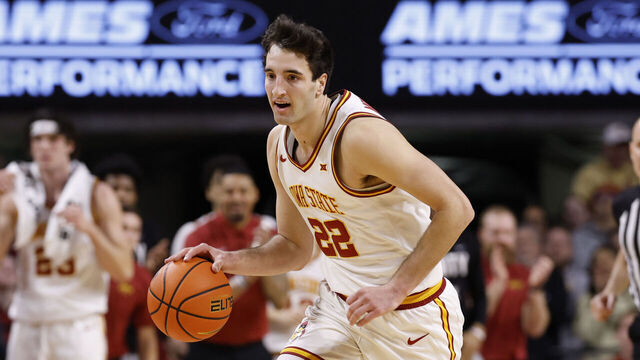 AMES, IA - JANUARY 20: Milan Momcilovic #22 of the Iowa State Cyclones drives the ball in the first half of play at Hilton Coliseum on January 20, 2026 in Ames, Iowa. The Iowa State Cyclones won 87-57 over the UCF Knights.