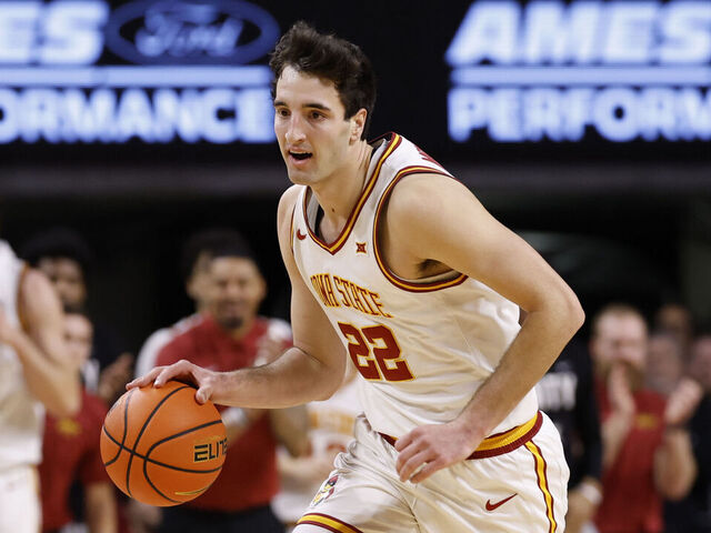 AMES, IA - JANUARY 20: Milan Momcilovic #22 of the Iowa State Cyclones drives the ball in the first half of play at Hilton Coliseum on January 20, 2026 in Ames, Iowa. The Iowa State Cyclones won 87-57 over the UCF Knights.