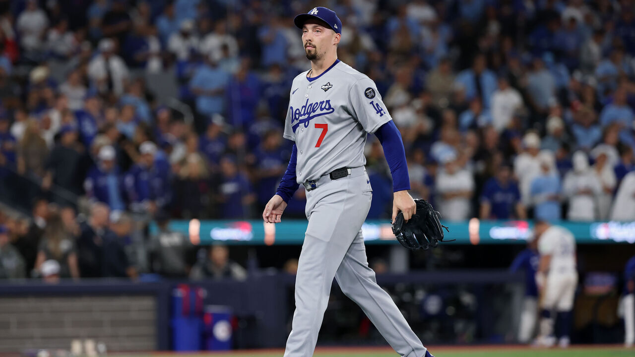 TORONTO, ONTARIO - NOVEMBER 01: Blake Snell #7 of the Los Angeles Dodgers walks to the dugout after being removed from the game during the ninth inning against the Toronto Blue Jays in game seven of the 2025 World Series at Rogers Center on November 01, 2025 in Toronto, Ontario.