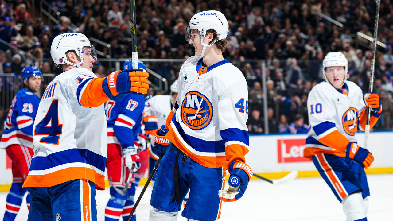 NEW YORK, NEW YORK - JANUARY 29: Matthew Schaefer #48 of the New York Islanders celebrates with teammates after scoring a goal in the second period against the New York Rangers at Madison Square Garden on January 29, 2026 in New York City.