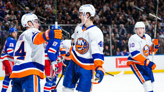 NEW YORK, NEW YORK - JANUARY 29: Matthew Schaefer #48 of the New York Islanders celebrates with teammates after scoring a goal in the second period against the New York Rangers at Madison Square Garden on January 29, 2026 in New York City.