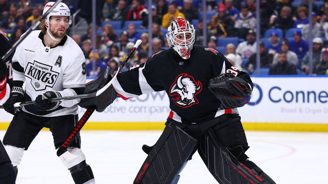 BUFFALO, NEW YORK - JANUARY 29: Alex Lyon #34 of the Buffalo Sabres tends goal against Adrian Kempe #9 of the Los Angeles Kings during an NHL game on January 29, 2026 at KeyBank Center in Buffalo, New York.