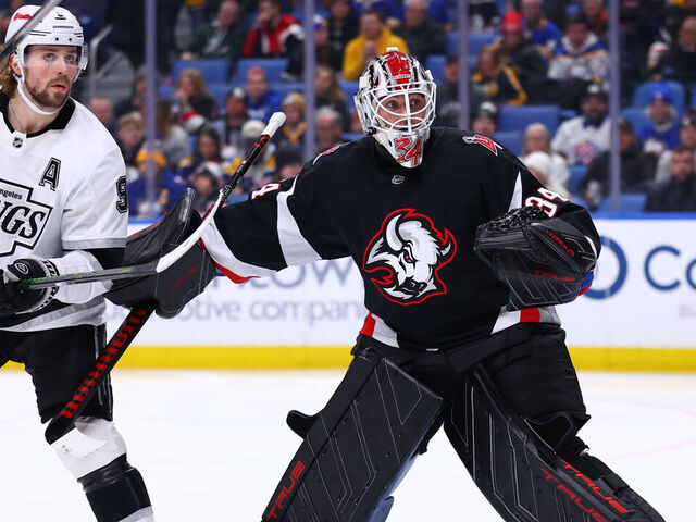 BUFFALO, NEW YORK - JANUARY 29: Alex Lyon #34 of the Buffalo Sabres tends goal against Adrian Kempe #9 of the Los Angeles Kings during an NHL game on January 29, 2026 at KeyBank Center in Buffalo, New York.