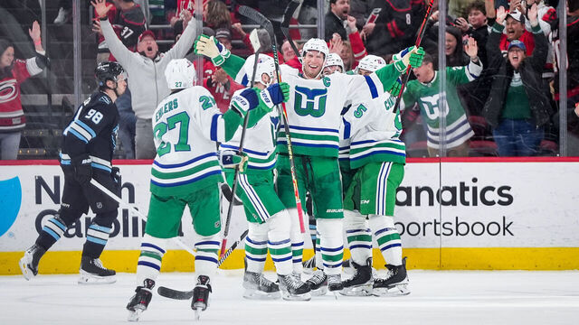 RALEIGH, NORTH CAROLINA - JANUARY 29: The Carolina Hurricanes celebrate a win during the third period against the Utah Mammoth at Lenovo Center on January 29, 2026 in Raleigh, North Carolina.