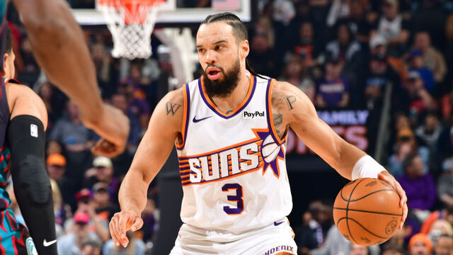 PHOENIX, AZ - JANUARY 29: Dillon Brooks #3 of the Phoenix Suns dribbles the ball during the game against the Detroit Pistons on January 29, 2026 at PHX Arena in Phoenix, Arizona. Mandatory Copyright Notice: Copyright 2026 NBAE
