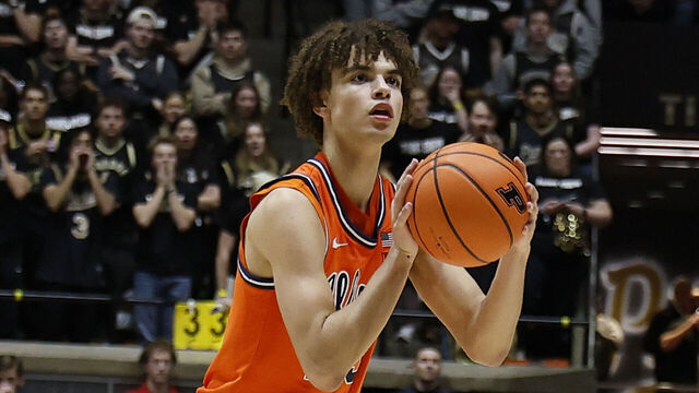 WEST LAFAYETTE, IN - JANUARY 24: Illinois Fighting Illini guard Keaton Wagler (23) in action in the second half of play during a men's college basketball game between the Illinois Fighting Illini and the Purdue Boilermakers on January 24, 2026, at Mackey Arena in West Lafayette, IN.