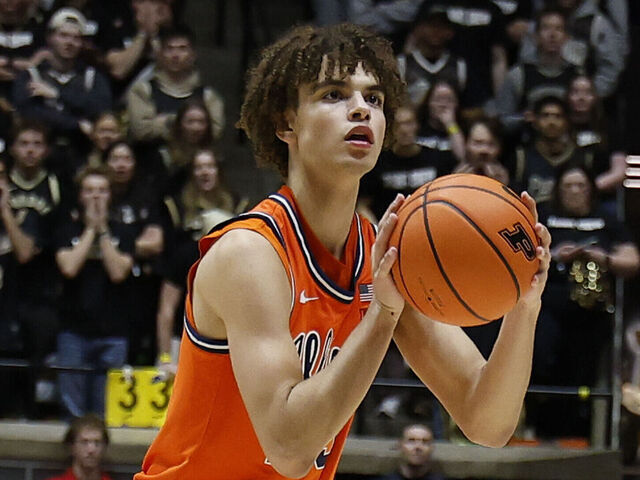 WEST LAFAYETTE, IN - JANUARY 24: Illinois Fighting Illini guard Keaton Wagler (23) in action in the second half of play during a men's college basketball game between the Illinois Fighting Illini and the Purdue Boilermakers on January 24, 2026, at Mackey Arena in West Lafayette, IN.
