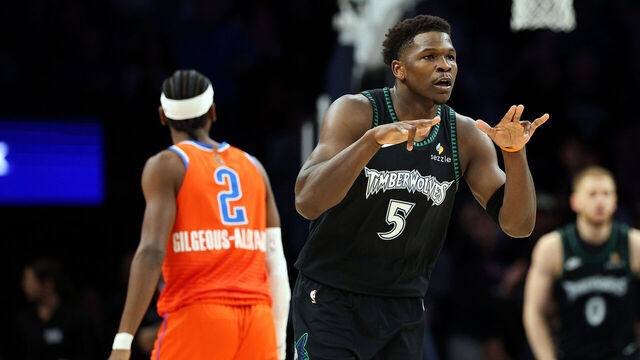 MINNEAPOLIS, MINNESOTA - JANUARY 29: Anthony Edwards #5 of the Minnesota Timberwolves celebrates his three-point basket against the Oklahoma City Thunder in the first quarter at Target Center on January 29, 2026 in Minneapolis, Minnesota.