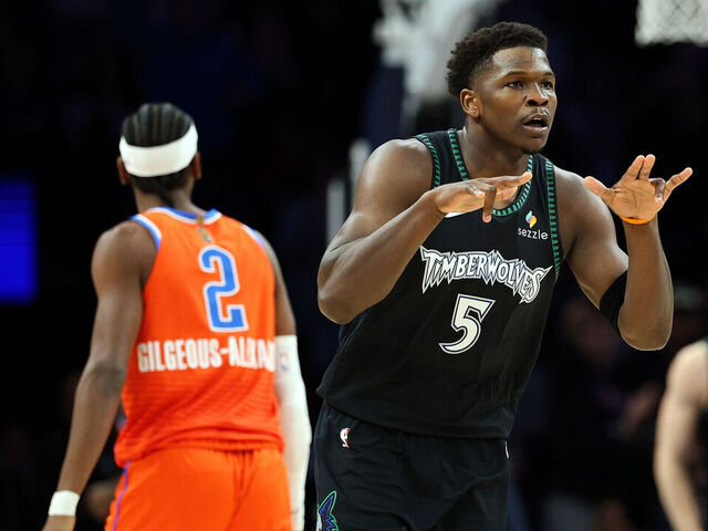 MINNEAPOLIS, MINNESOTA - JANUARY 29: Anthony Edwards #5 of the Minnesota Timberwolves celebrates his three-point basket against the Oklahoma City Thunder in the first quarter at Target Center on January 29, 2026 in Minneapolis, Minnesota.