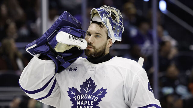 SEATTLE, WASHINGTON - JANUARY 29: Anthony Stolarz #41 of the Toronto Maple Leafs drinks from a squeeze bottle during the second period against the Seattle Kraken at Climate Pledge Arena on January 29, 2026 in Seattle, Washington.